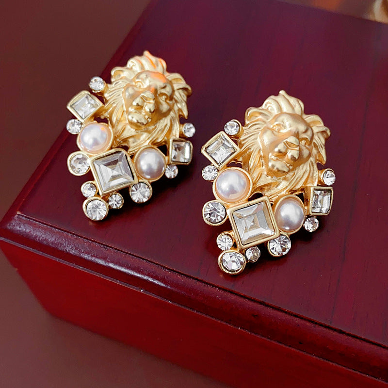 Luxurious Zodiac Sign Rhombus Geometric Chinese Zodiac Animal Artificial Pearl Diamond Inlay Earrings