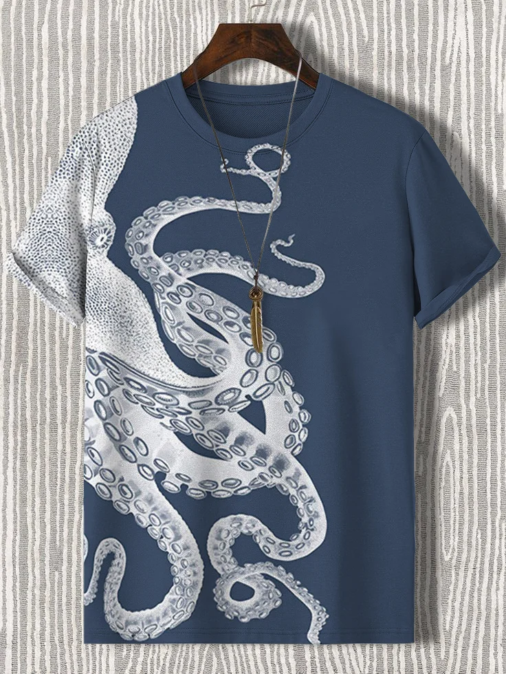Men's Japanese Art Octopus Graphic Printed Casual T-Shirt