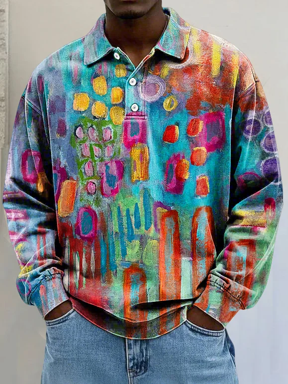 Men's Retro Geometric Art Print Lapel Long Sleeve Polo Shirt