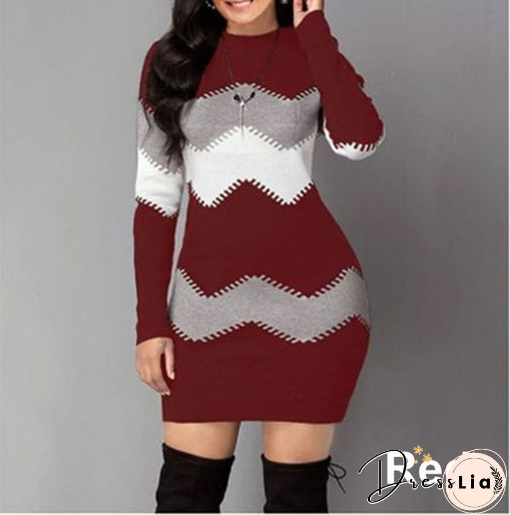 Fashion Women Ladies Long Sleeve Sweater Dress 4 Colors Color Block Long-Sleeved Sweater Bag Hip Skirt Xs-5Xl