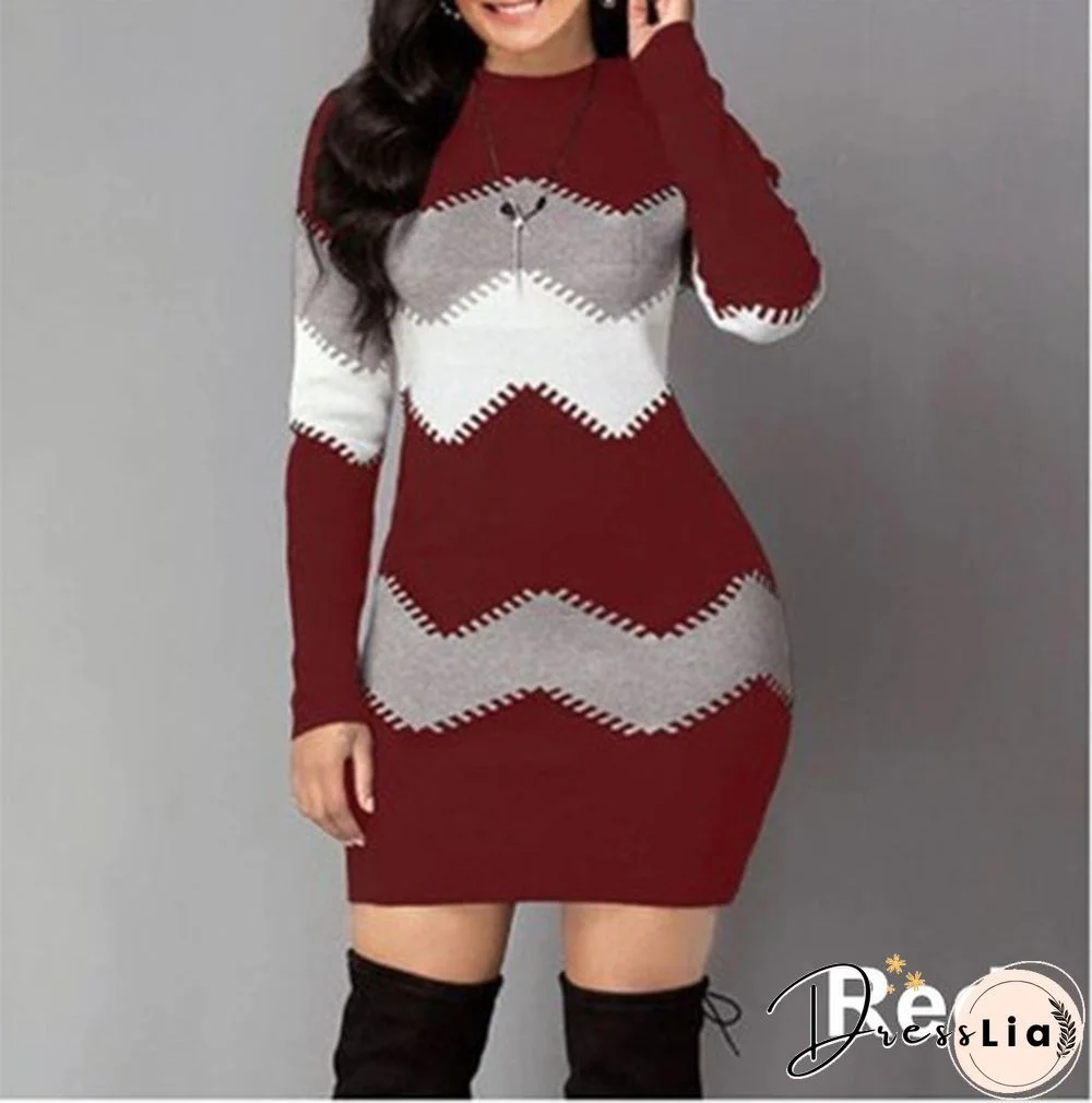 Fashion Women Ladies Long Sleeve Sweater Dress 4 Colors Color Block Long-Sleeved Sweater Bag Hip Skirt Xs-5Xl