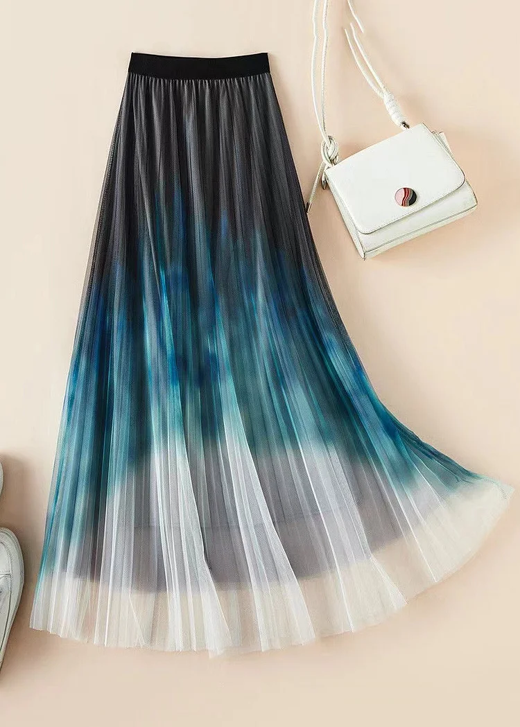 Loose Blue Gradient Color Elastic Waist Tulle Pleated Skirt Summer