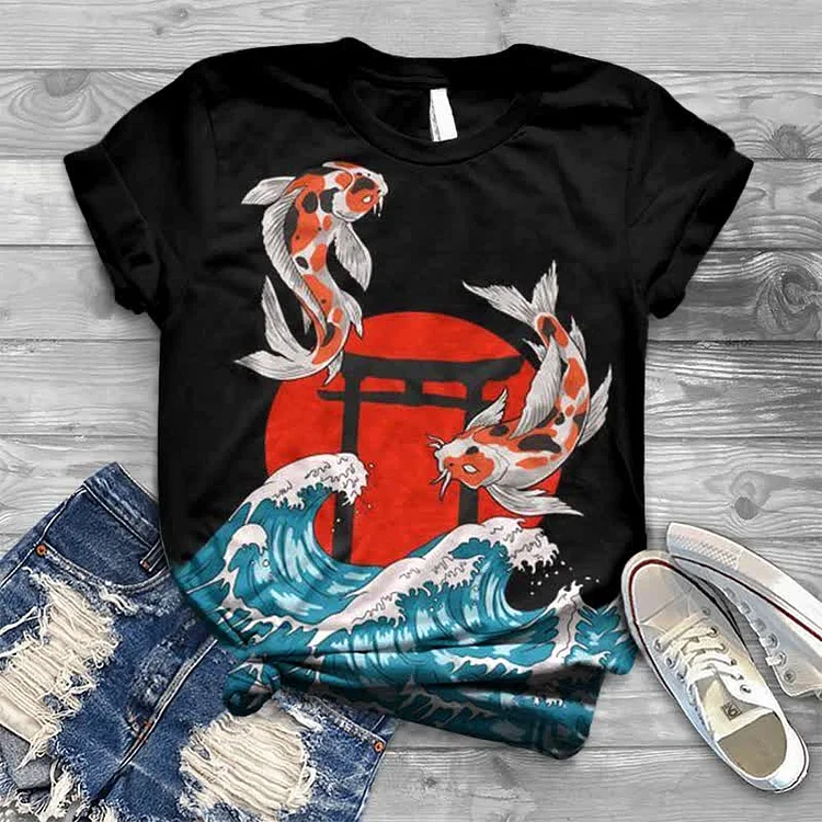 Koi Leaping Over The Dragon Gate Japanese Style Print T-shirt