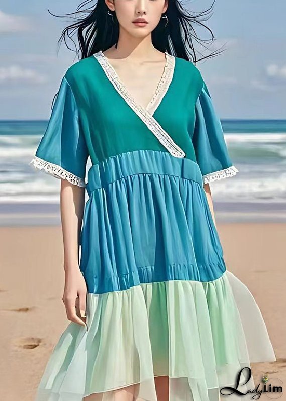 Casual Blue V Neck Patchwork Wrinkled Linen Dress Summer