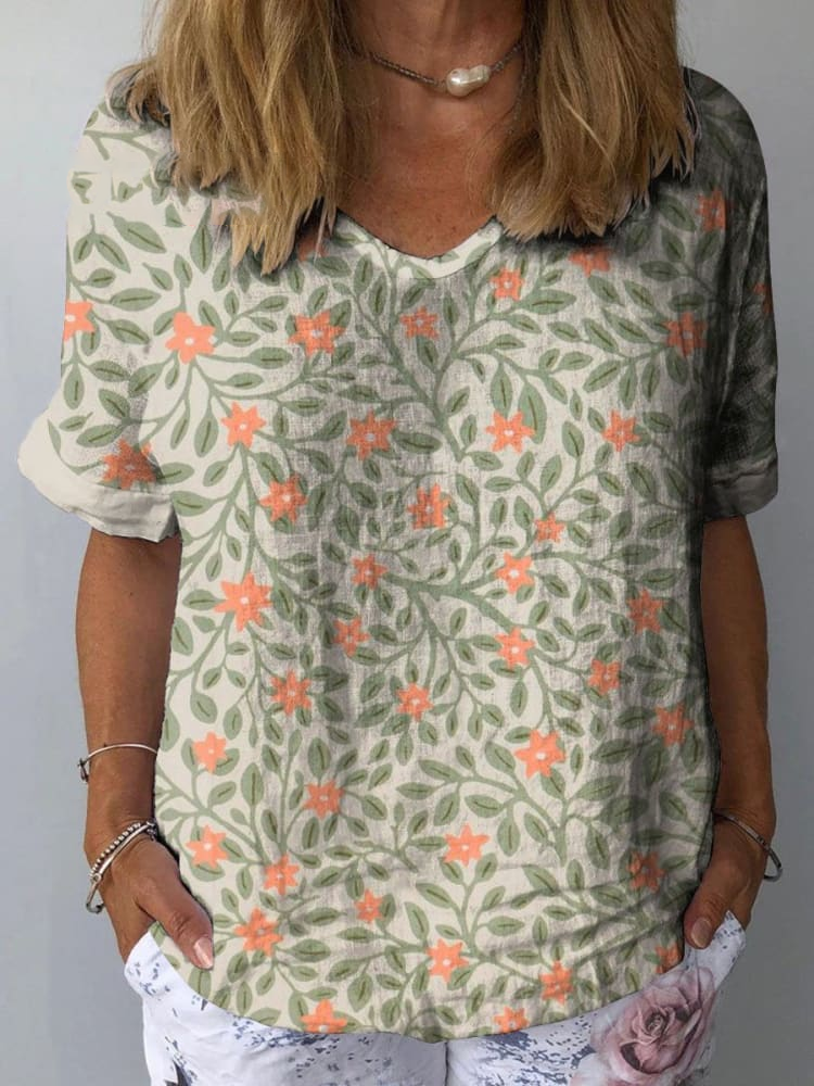 Womens Vintage Floral Print Cotton And Linen Top