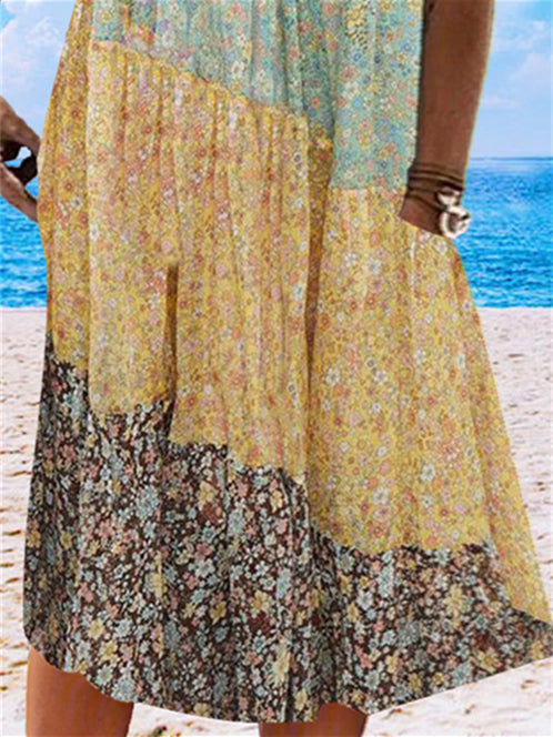 Women Half Sleeve V-neck Solid Color Dress