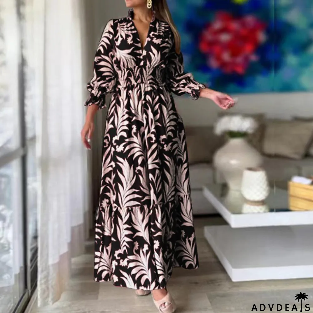 Women Spring Long Sleeve Bohemian Print Maxi Dress
