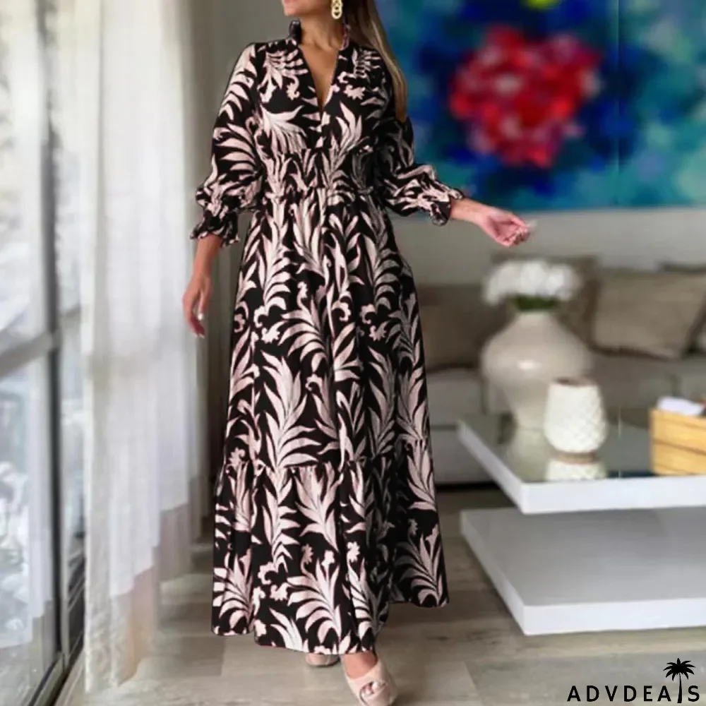 Women Spring Long Sleeve Bohemian Print Maxi Dress