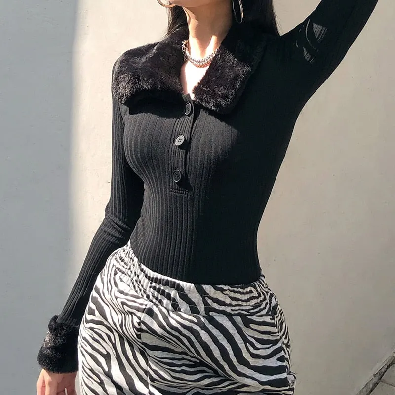 HEYounGIRL Black Furry Collar Autumn Knitted Bodysuit Women Elegant Chic Long Sleeve Bodycon Short Jumpsuit Ladies Casual Winter