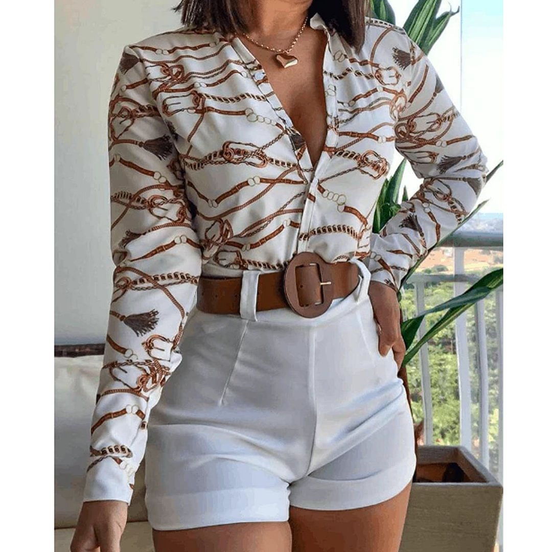 Retro Pattern Print Long Sleeve Blouse