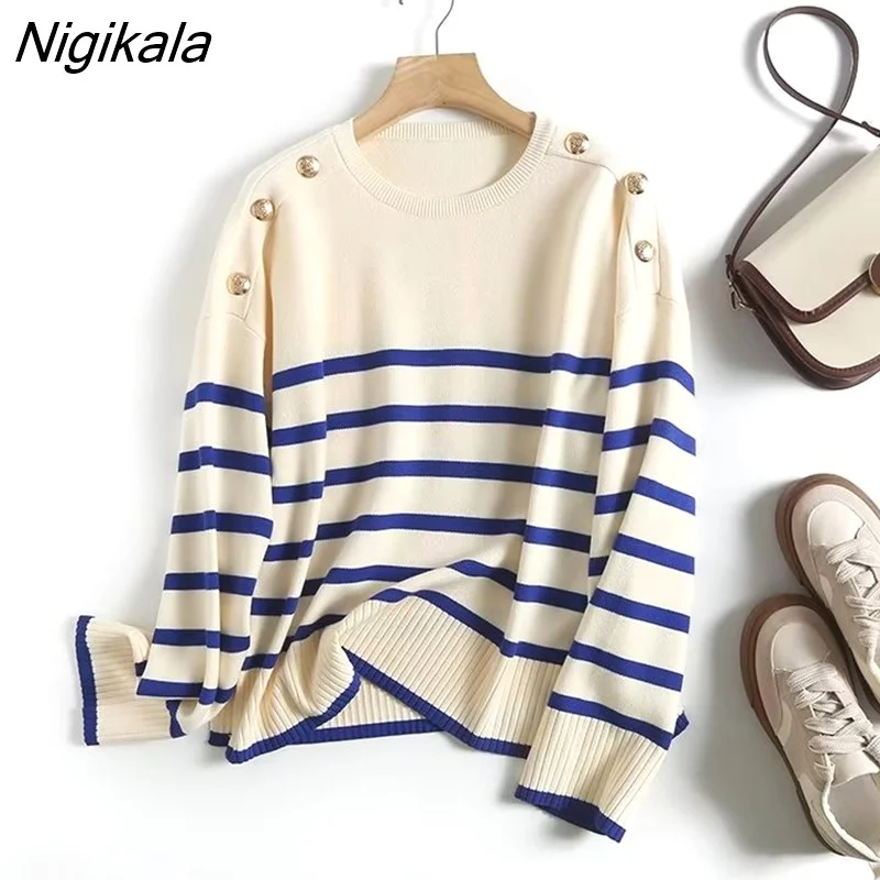 Nigikala New Autumn Women Button Striped Knit Sweater Long Sleeve O Neck Jumpers Female Loose Pullovers Casual Tops