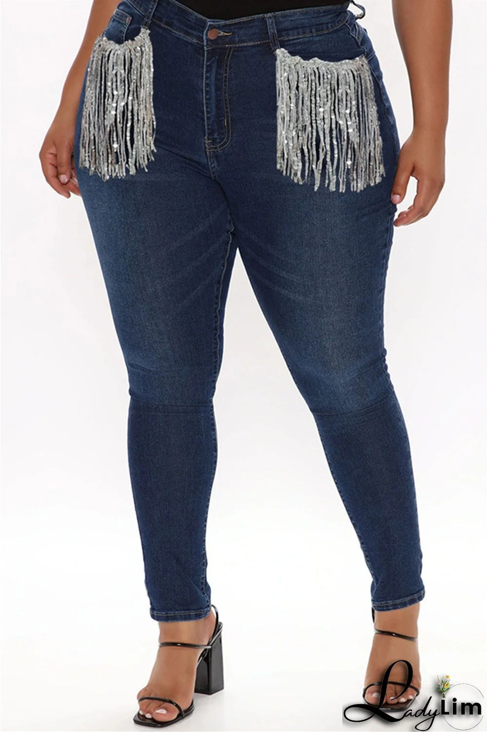 Light Blue Fashion Casual Solid Tassel Patchwork Mid Waist Skinny Denim Jeans