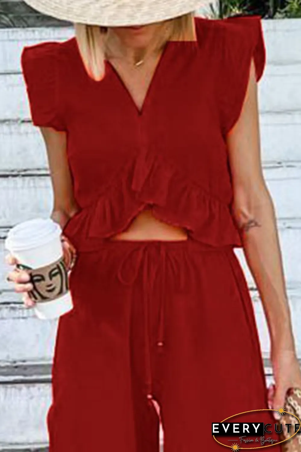 Casual Solid Flounce V Neck Sleeveless Two Pieces(9 Colors)