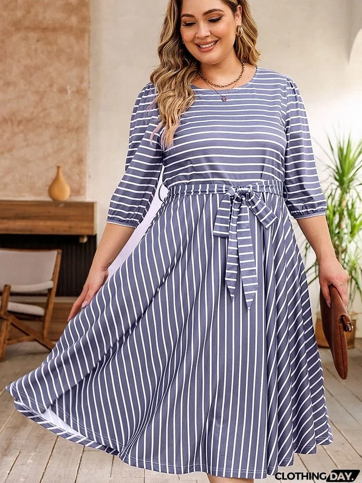 Plus Size Round Neck Striped Tie Waist Dress