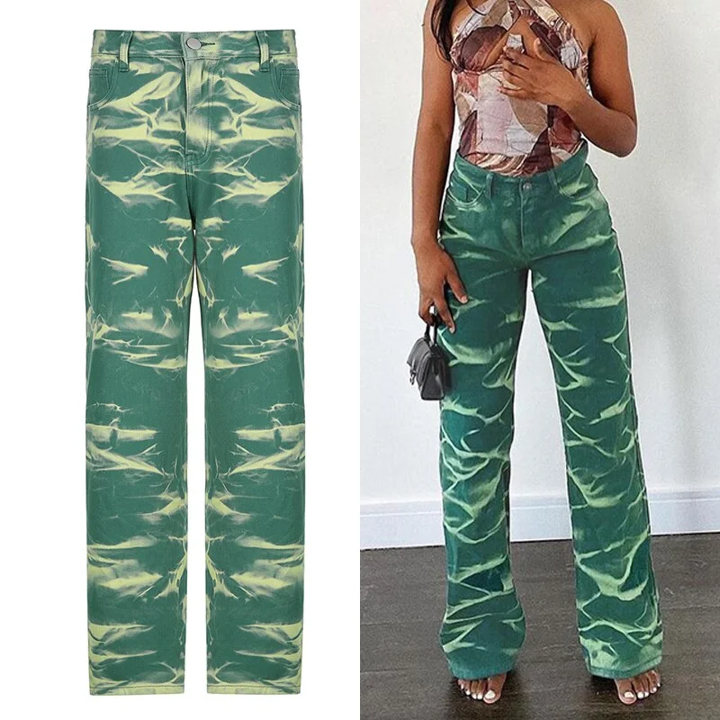 HEYounGIRL Brown Gray Tie Dye Print Harajuku Jeans Women Casual Skinny High Waist Pants Ladies Streetwear Denim Trousers Hip Hop