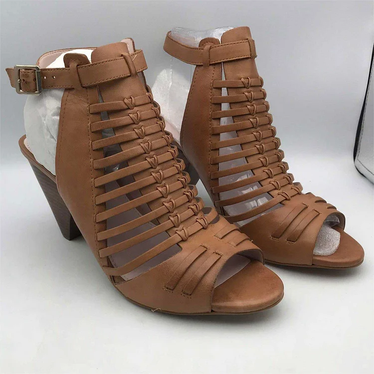 Custom Made Tan Peep Toe Cone Heel Caged Booties |FSJ Shoes