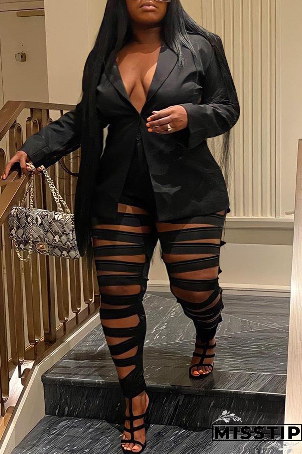 Black Fashion Casual Plus Size Solid Hollowed Out Patchwork Turn-back Collar Long Sleeve Two Pieces