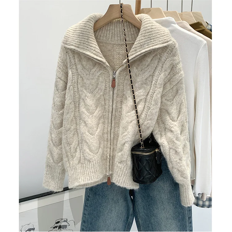 Athvotar Athvotar Version Of Double Zippered Strand Sweater Coat Women's 2025 Winter Design Sense Of The Collar Plus Thick Long-Sleeved Knitted Open Shirt