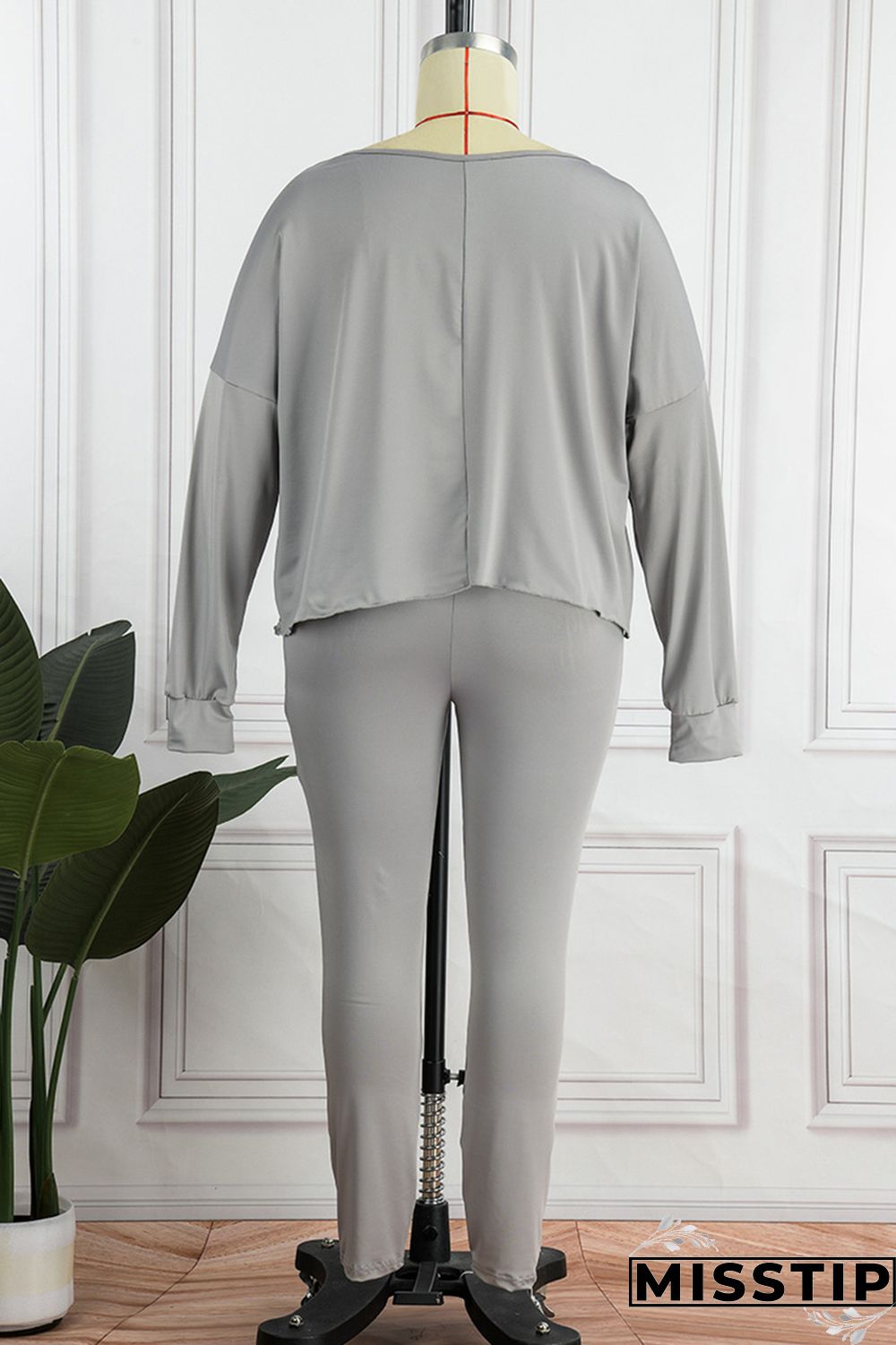 Grey Casual Solid Patchwork O Neck Plus Size Two Pieces