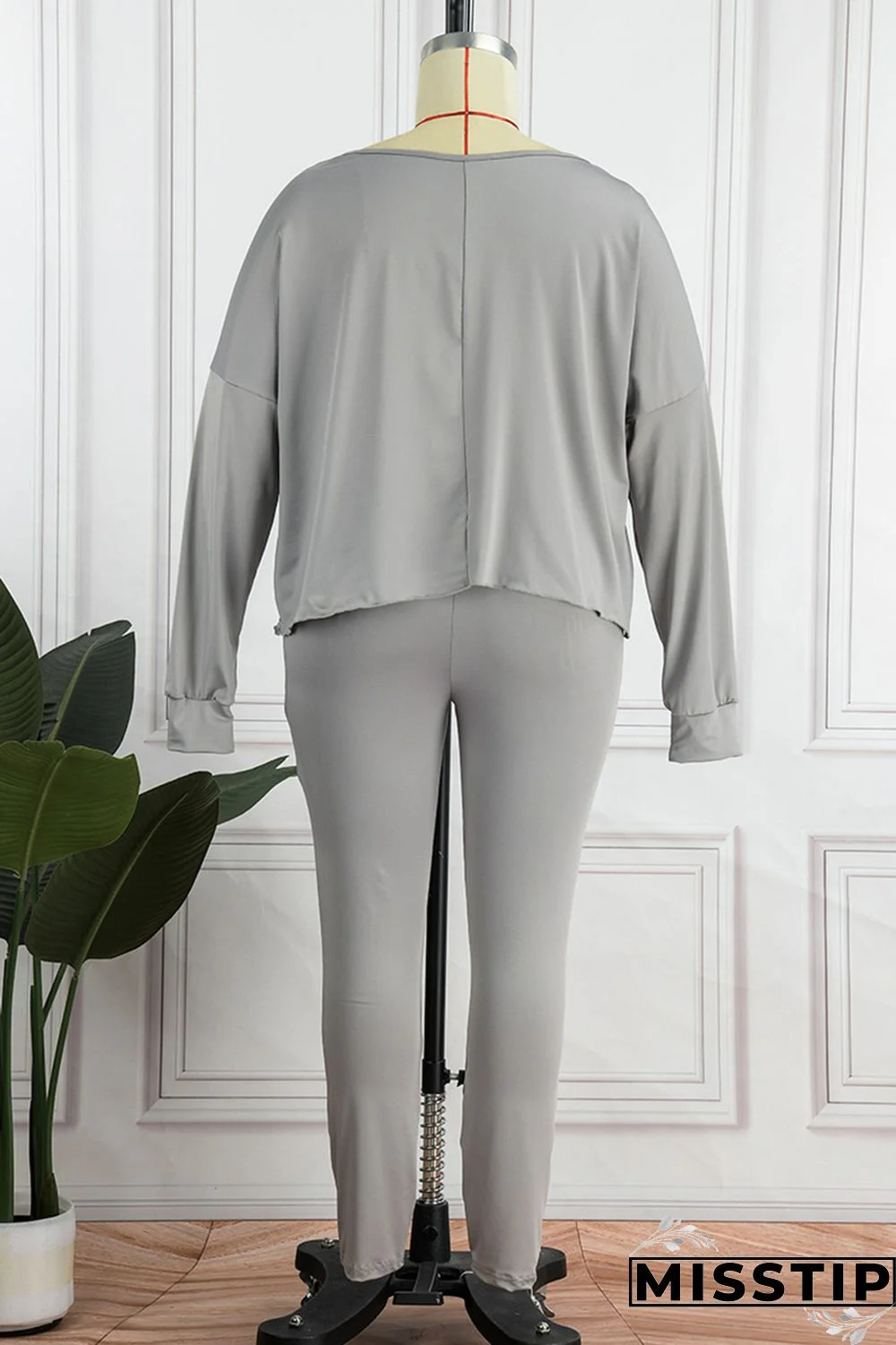 Grey Casual Solid Patchwork O Neck Plus Size Two Pieces