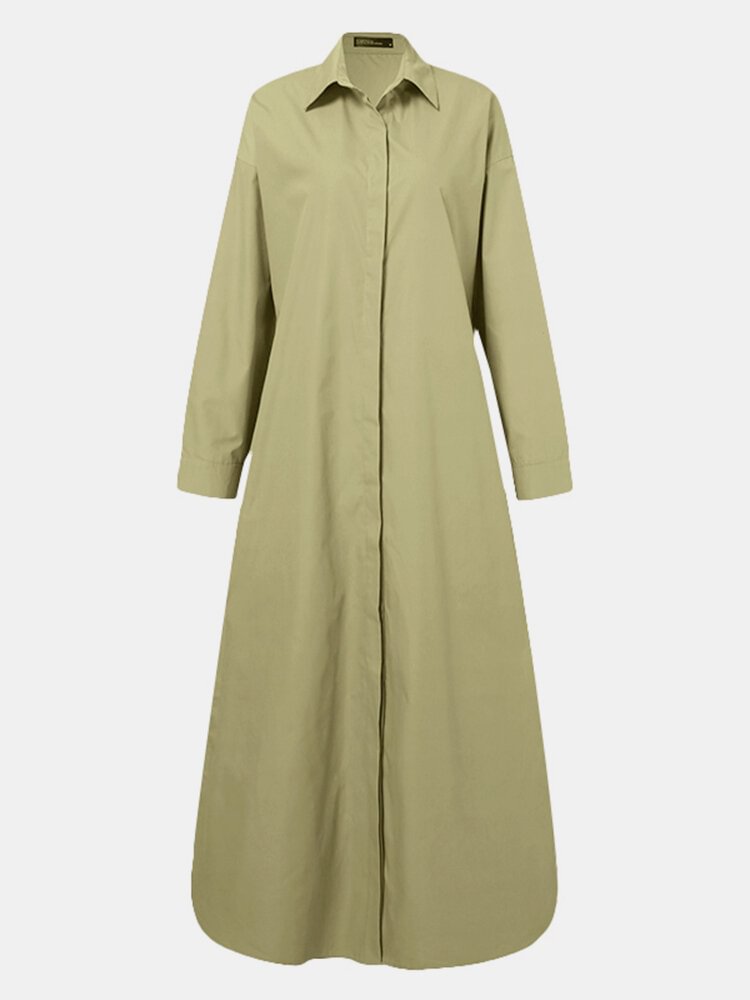 Solid Color Button Long Sleeve Casual Dress for Women