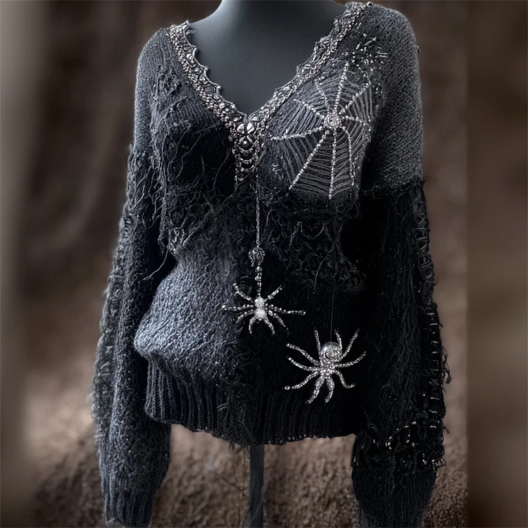 Vintage Gothic Crystal Spiders & Spiderweb Embroidered Cozy Sweater