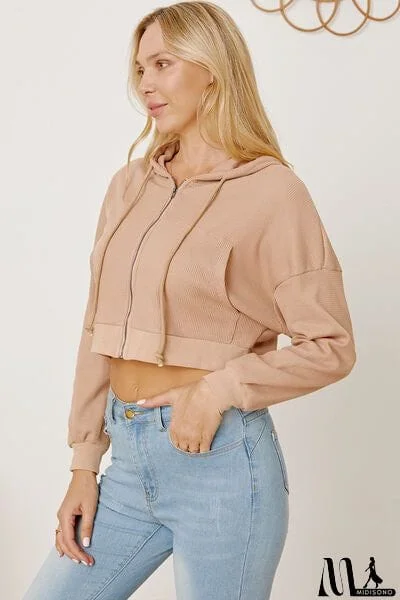 MidiSono - Waffle-Knit Drawstring Zip Up Hoodie