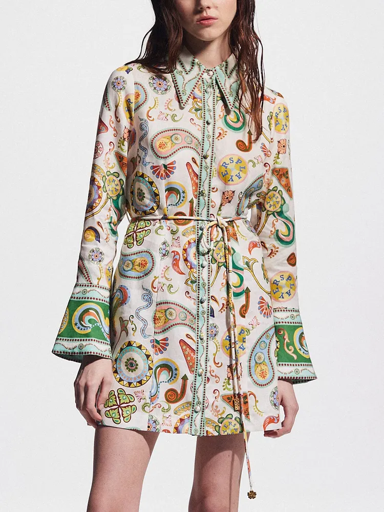 Exquisite And Fashionable Printed Trumpet Sleeve Mini Dress