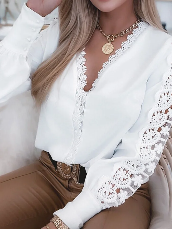 Women's Sexy V-Neck Lace Panel Shirt