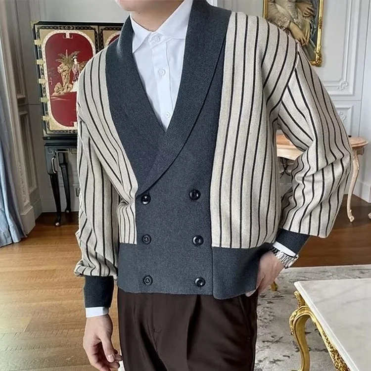 2023 Autumn Winter Elegant Trendy Men's Color Contrast Splicing Knitted Cardigan Luxury Suit Collar Gentleman Jackets Tops