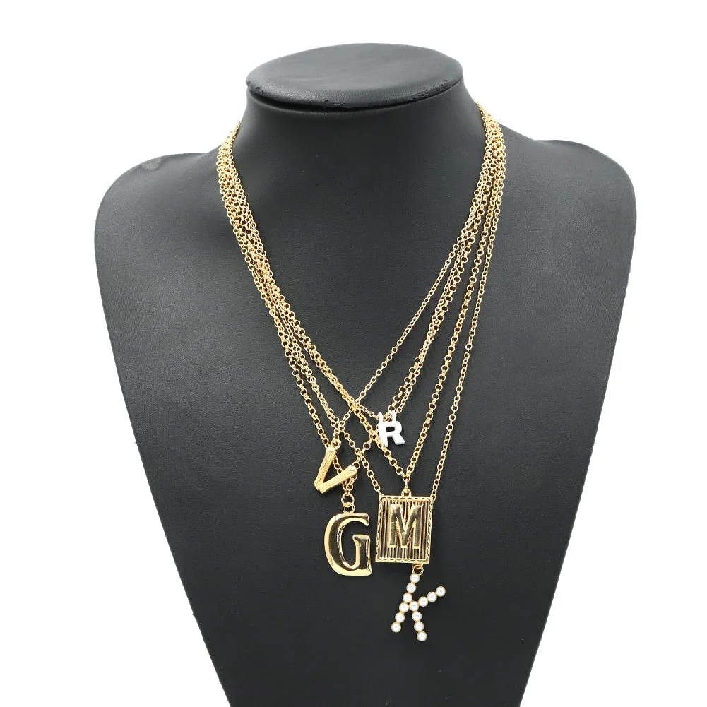 Dvacaman Retro Simple Pearl Letter Pendant Initial Necklace for Women Boho Statement Multi Layered Chunky Chain Necklace Jewelry