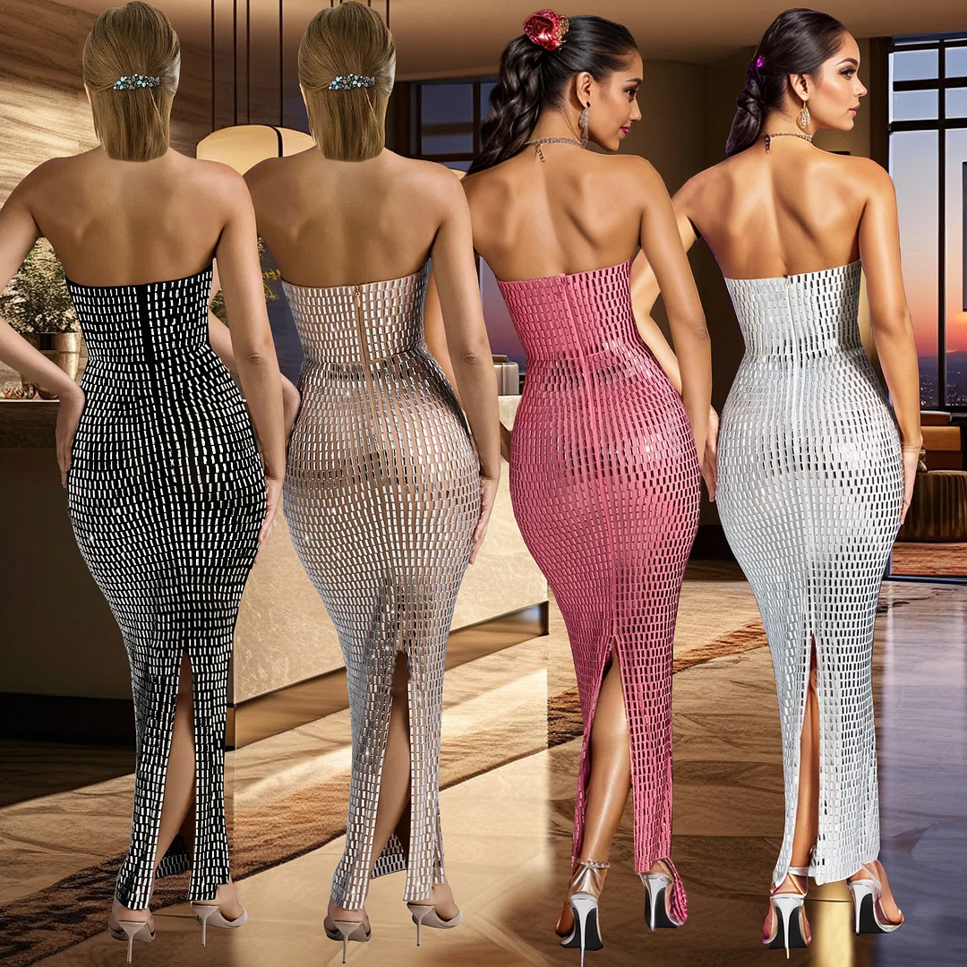 Women's Sexy Rhinestones Strapless Slim Waist Sequin Long Dress Party Gowns