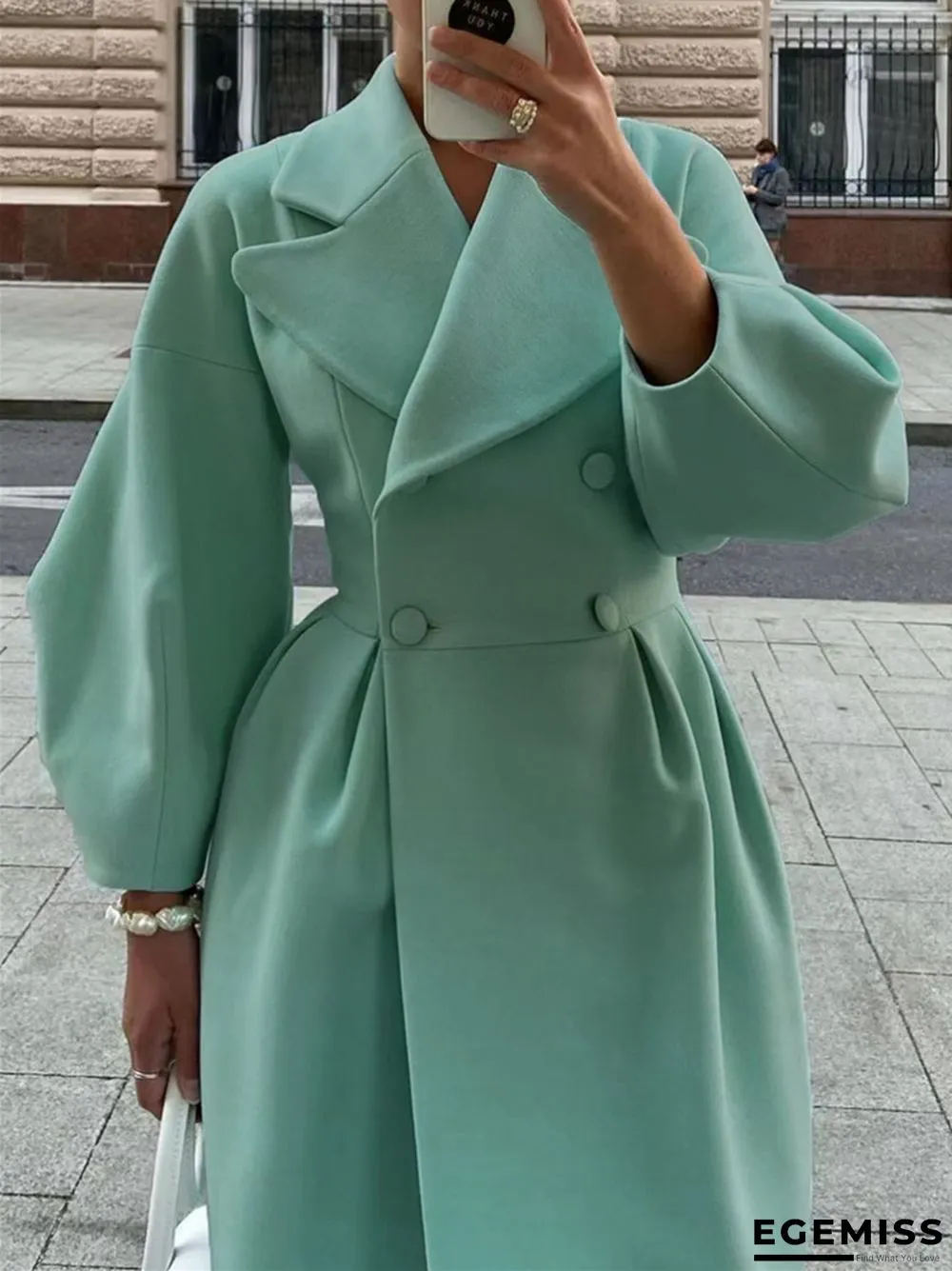 Vintage Lantern Sleeves Solid Color Lapel Long Coat | EGEMISS