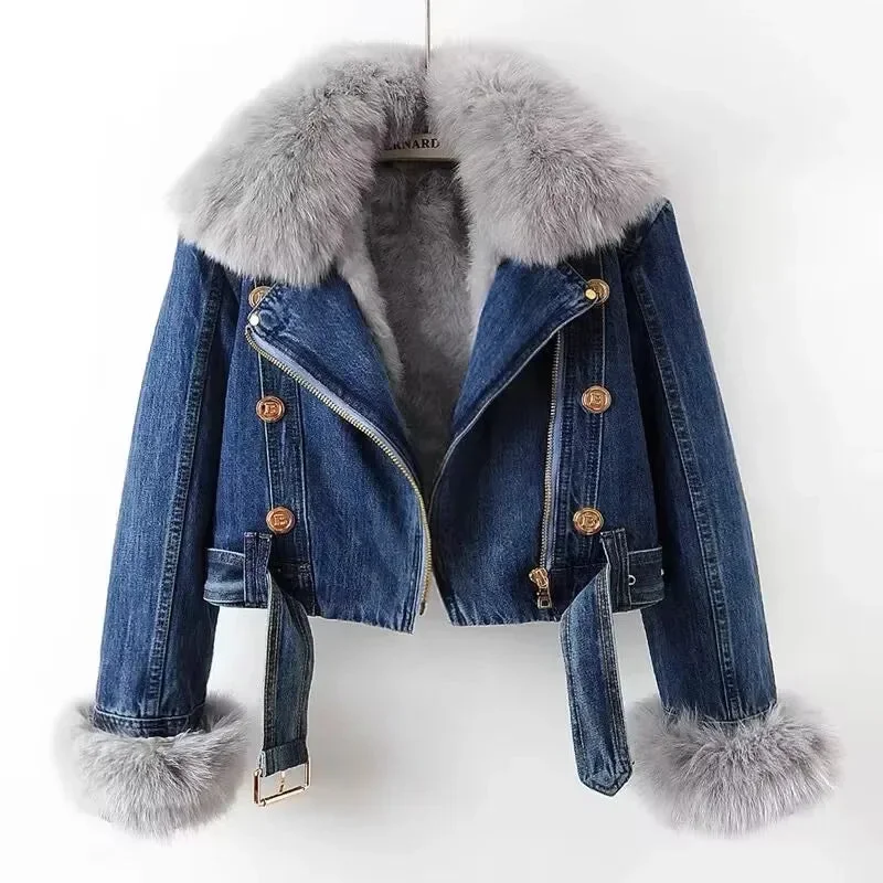 Toloer Faux Fur Collar Lining Denim Jacket-Outfit Ideas