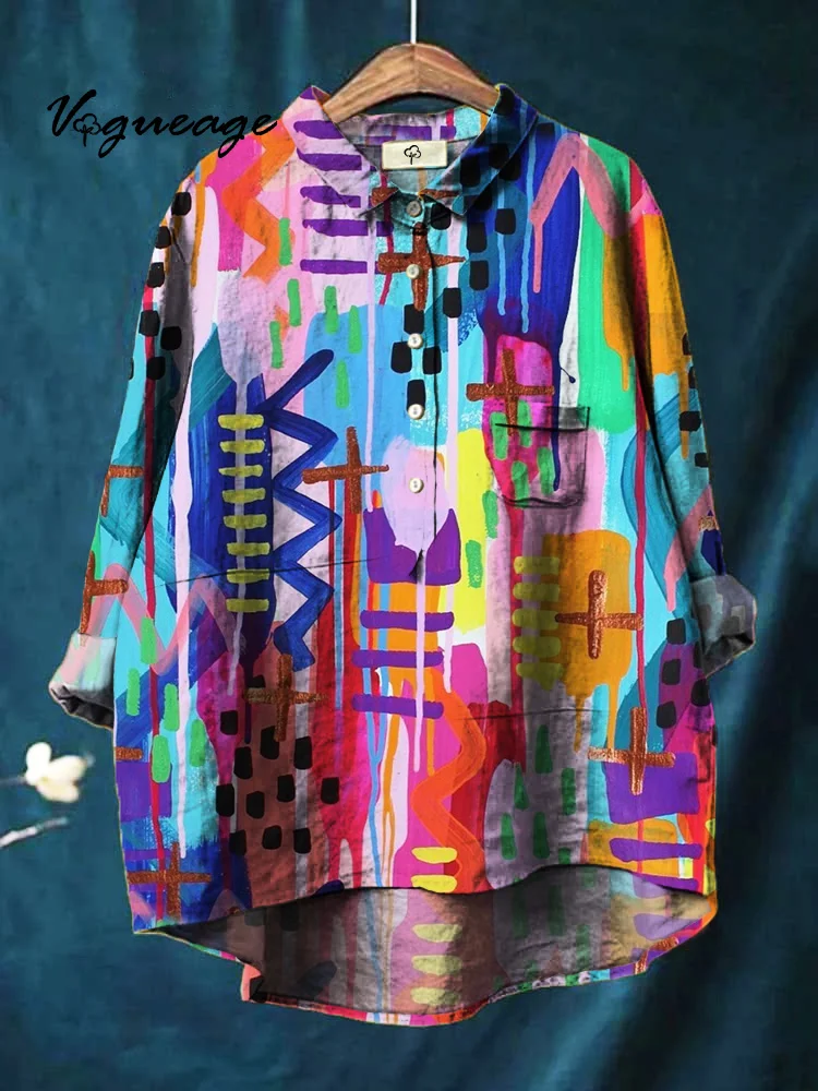 Colorful And Interesting Art Pattern Puzzle Printed Cotton And Linen Shirt