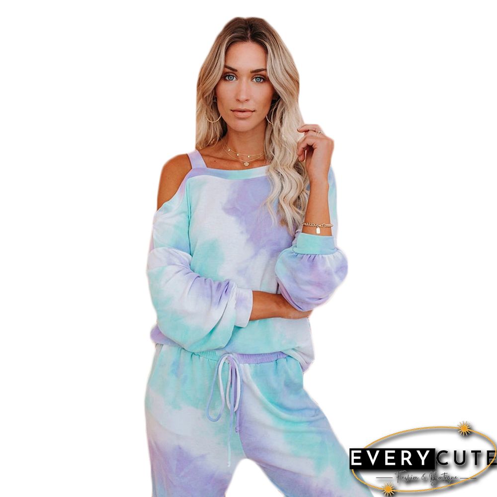 Light Blue Cold Shoulder Top With Pant Set Loungewear