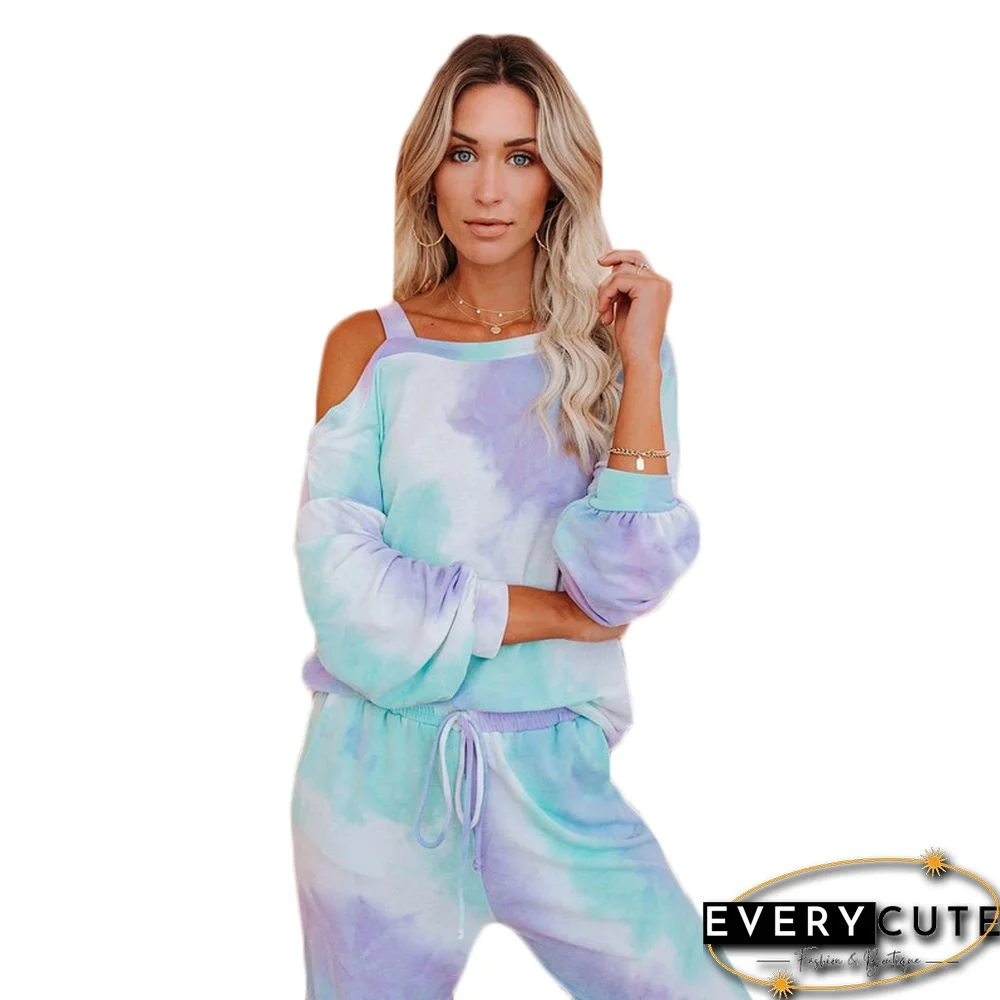 Light Blue Cold Shoulder Top With Pant Set Loungewear