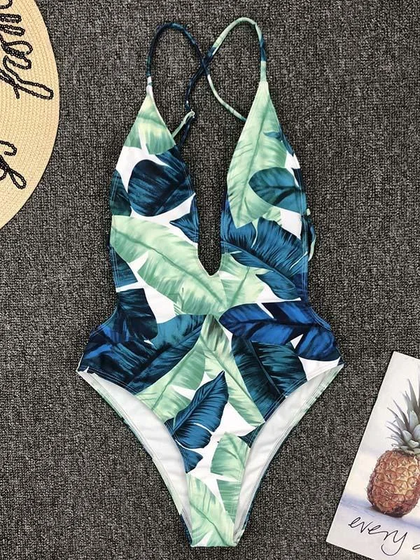 Leaf Printing  Deep V-Neck Backless One-Piece Swimwear