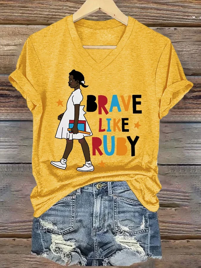 Women's Black Girl Brave Like Ruby Print Cotton Long Sleeve T-Shirt 