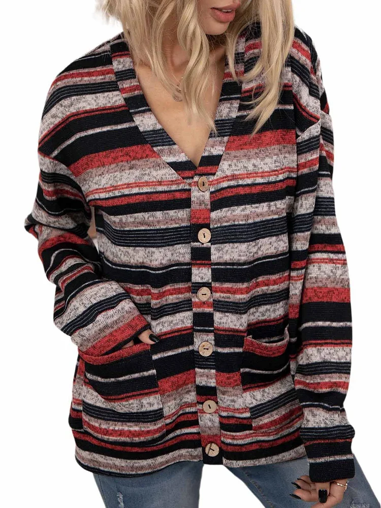 Mayoulove Color stripe v neck outerwear-Mayoulove