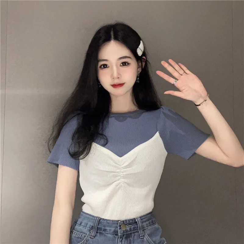 Uveng Uveng New Splicing Color Fake Two Short-Sleeved T-Shirt Women's Tide Net Red Repairing Short Half-Sleeved Top