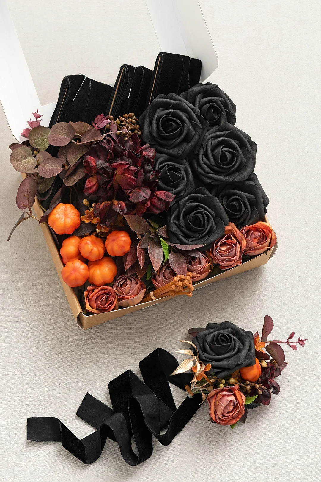 DIY Wedding Wrist Corsage in Black & Pumpkin Orange
