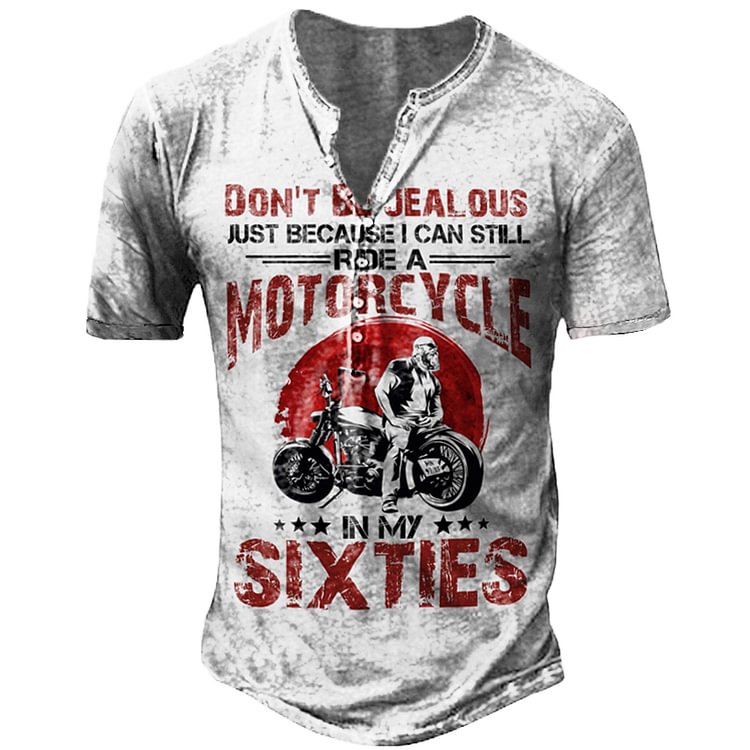 Men's Vintage Motorcycle Lovers Printed Henley Collar T Shirts With Sixties