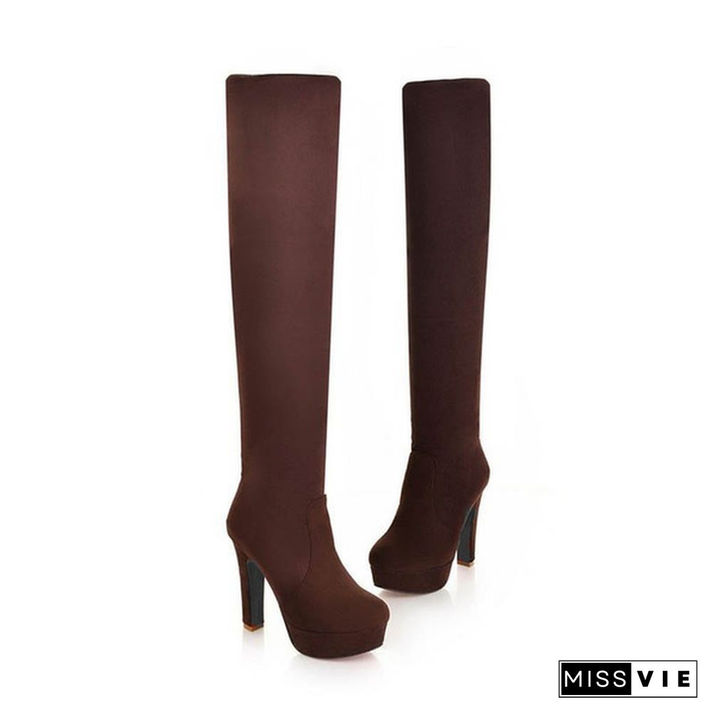 The New Autumn/winter Thigh-high Boots with Three Styles of Wear, Elastic and Matted Waterproof Platform, High-heel, Chunky-heel and Over-the-knee Boots Size 34-48