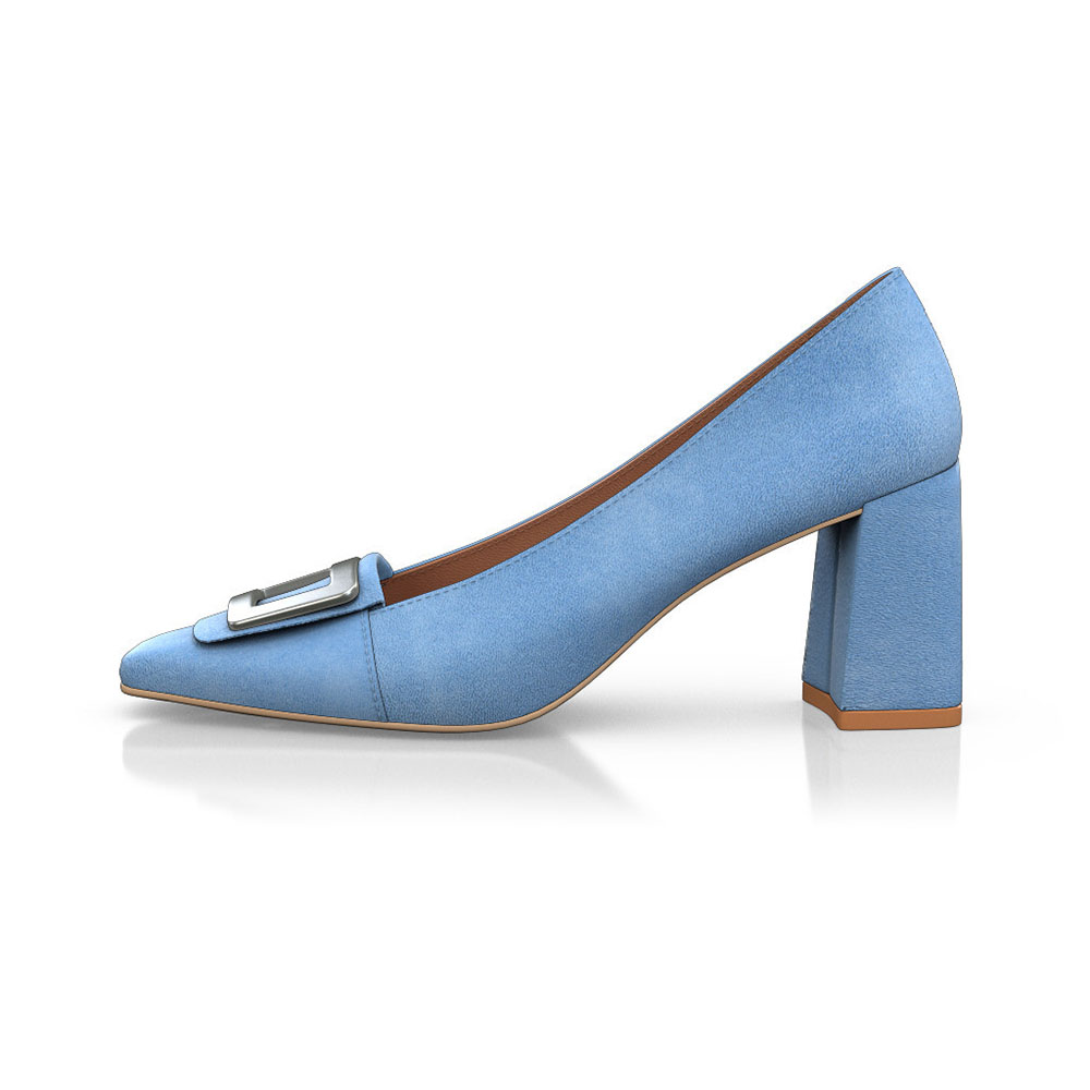 Blue Faux Suede Square Toe 3'' Block Heel Pumps with Buckle Nicepairs