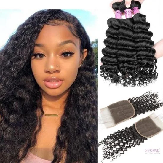 Free Shipping YVONNE Platinum Grade Deep Wave 3 Bundles Hair Weaves With 5x5 Closure