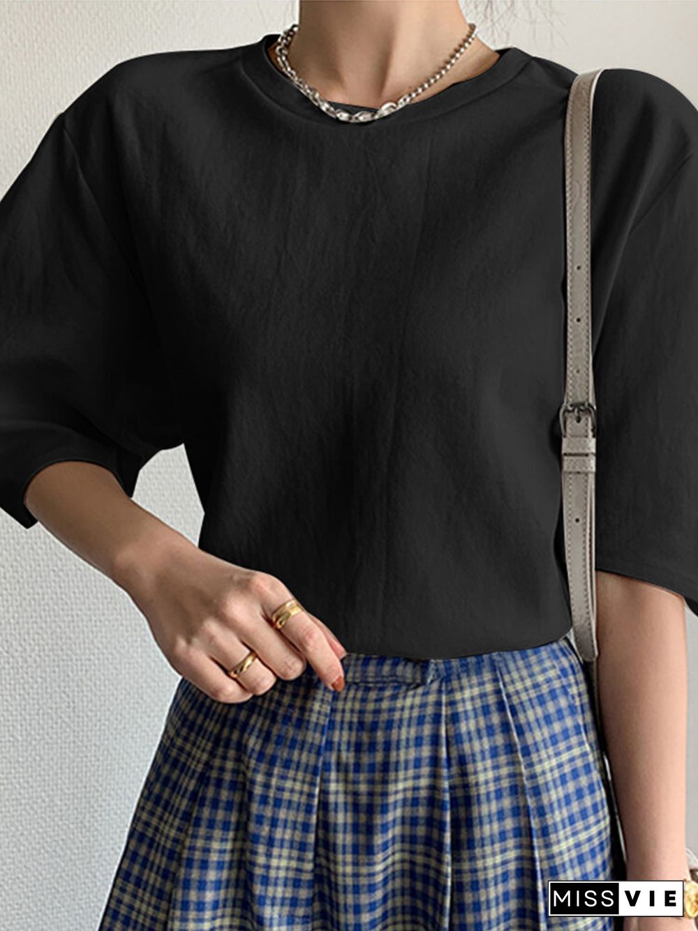 Crew Neck Solid Color Half Sleeve Casual Blouse