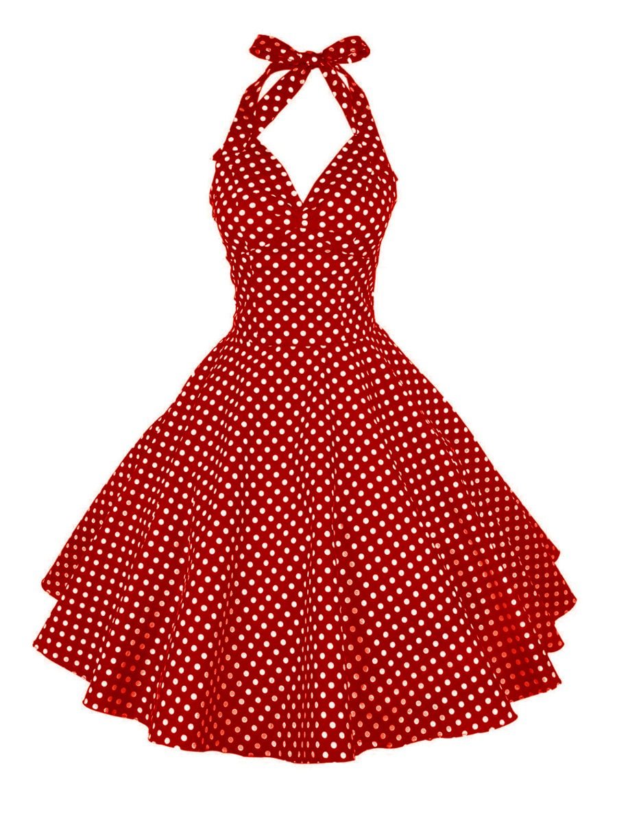 Polka Dot Dress Vintage V-neck High Waist Halter A-line Swing Dresses