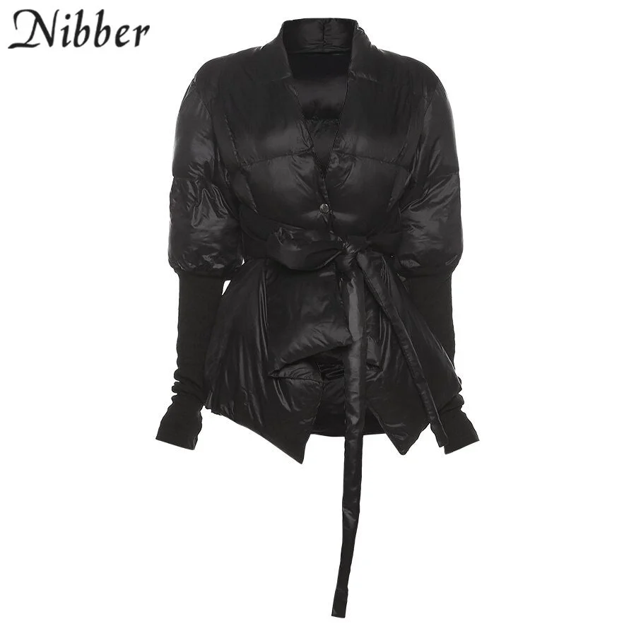 Nibber Winter Warm Cotton Jacket Solid Color Dark Buckle Bow Knot Large Belt Coat Avant-Garde For Women Go Out Street Commute