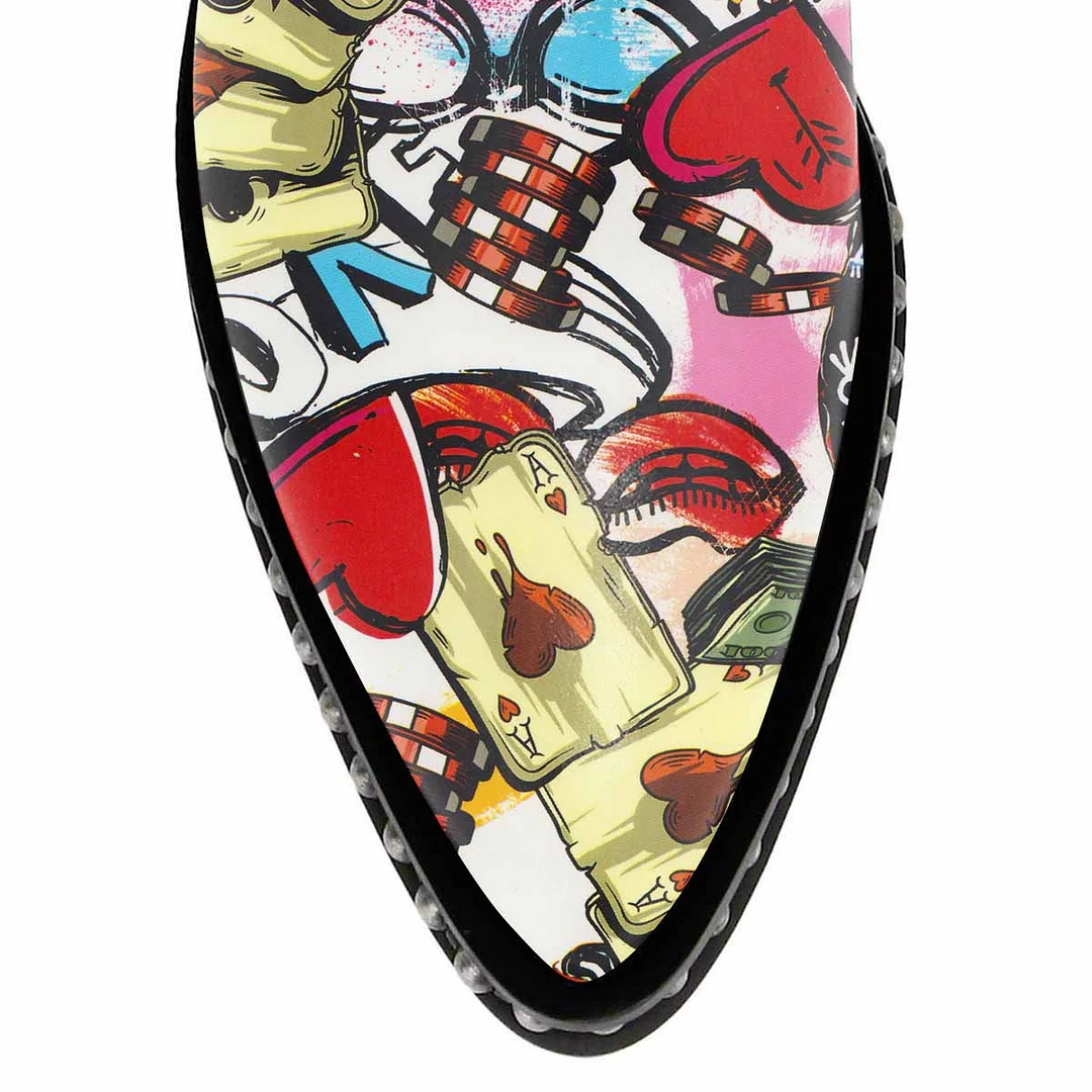 Multicolor Chunky Heel Cartoon Poker Studded Buckle Strap Ankle Boots